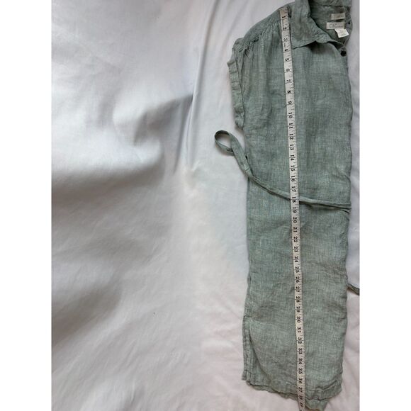 C&C Sage Green Midi Dress 100% Linen Button Front Belted Size M Classy Lagenlook - Picture 9 of 9